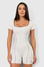 BCult Off-White Brown Piping Sleeve Playsuit