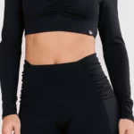 Black draped long-sleeve crop top