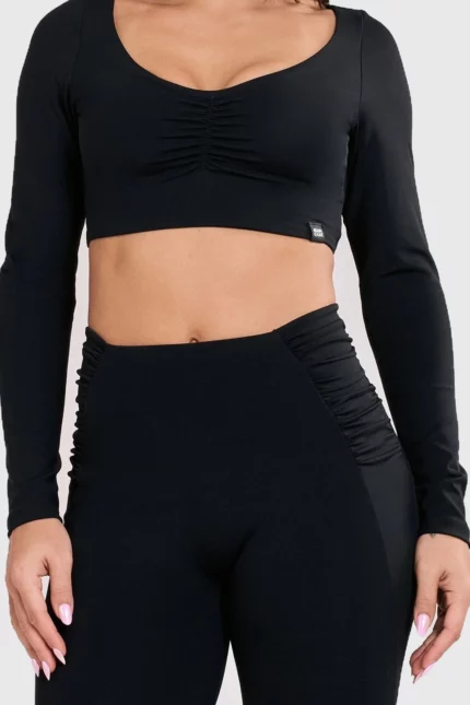 Black draped long-sleeve crop top