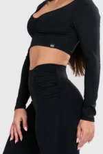 Black draped long-sleeve crop top