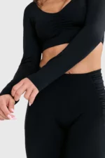 Black draped long-sleeve crop top