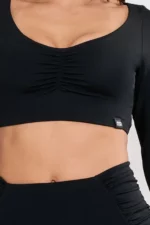 Black draped long-sleeve crop top